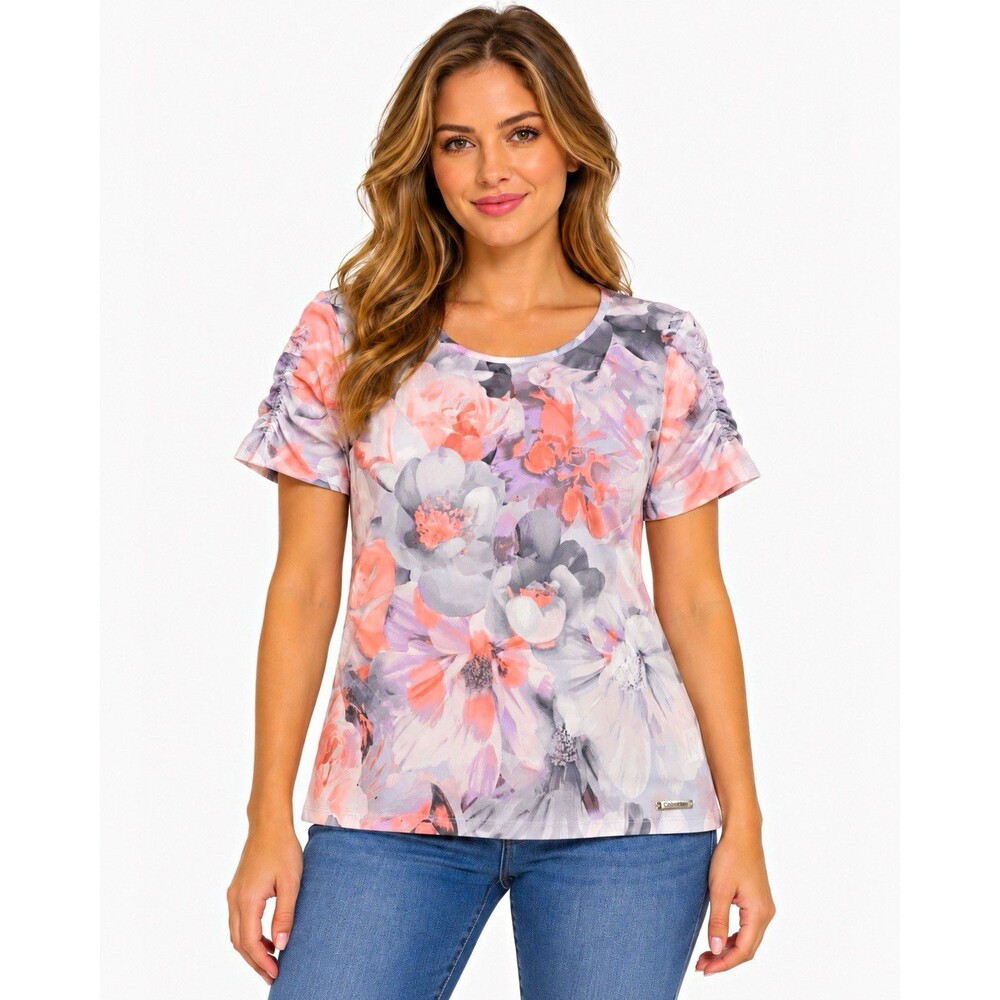 Calvin Klein Womens XL Floral Print Ruched Sleeve Scoop Neck Top Pink Gray
